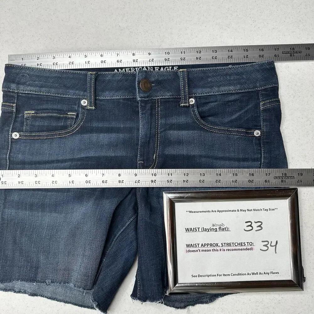 American Eagle Shorts Womens 12 Midi Blue Jean Denim Super Stretch Cut Off Fray